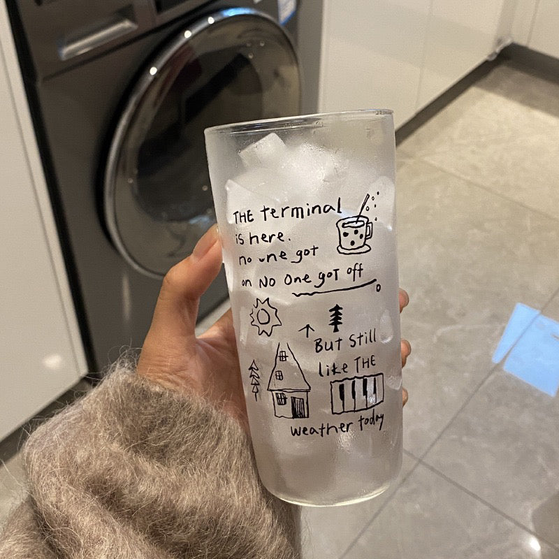 Clear Glass Cup 400ml – High Borosilicate Water Tumbler with Hand-Drawn Art Design – Minimalist Drinkware for Juice, Milk, Tea – Lightweight Aesthetic Glass for Men & Women