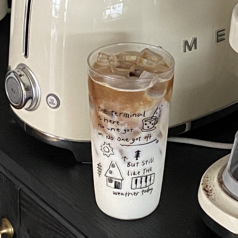 Clear Glass Cup 400ml – High Borosilicate Water Tumbler with Hand-Drawn Art Design – Minimalist Drinkware for Juice, Milk, Tea – Lightweight Aesthetic Glass for Men & Women