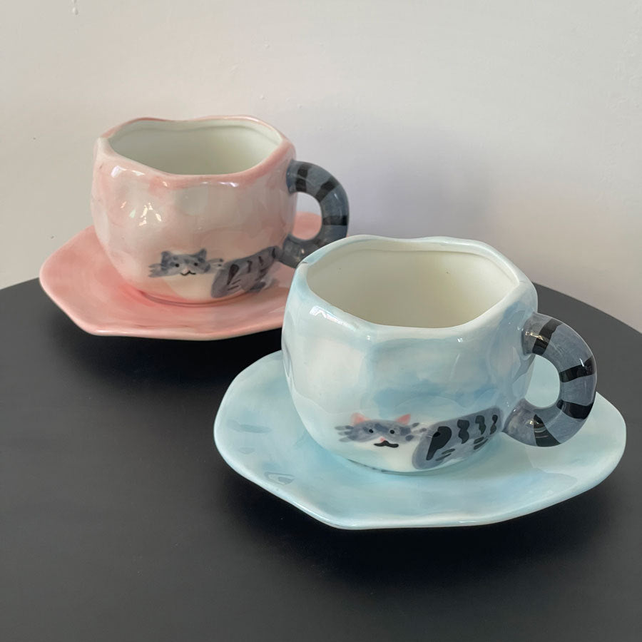 Tulip Ceramic Mug with Cat Design – 300ml Coffee Cup with Hand-Painted Cat and Tail – Pink & Blue Color Options – Unique Gift for Cat Lovers, Women, and Girls