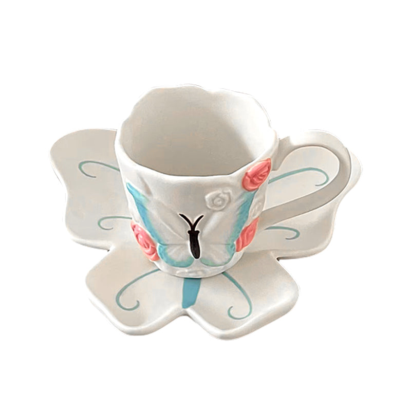 Butterfly Ceramic Mug with Matching Saucer – 240ml Artistic Coffee Cup and Dish Set for Tea, Latte, Milk – Pink Underglaze Floral Design Gift for Women & Girls
