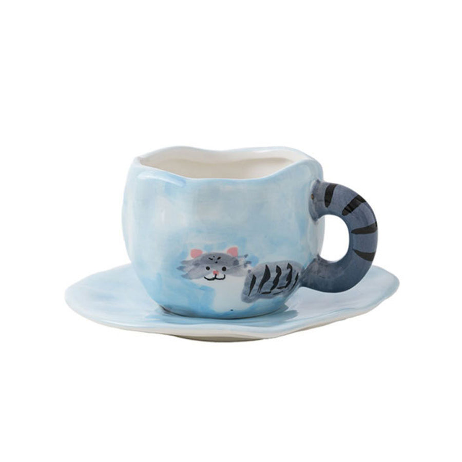 Tulip Ceramic Mug with Cat Design – 300ml Coffee Cup with Hand-Painted Cat and Tail – Pink & Blue Color Options – Unique Gift for Cat Lovers, Women, and Girls