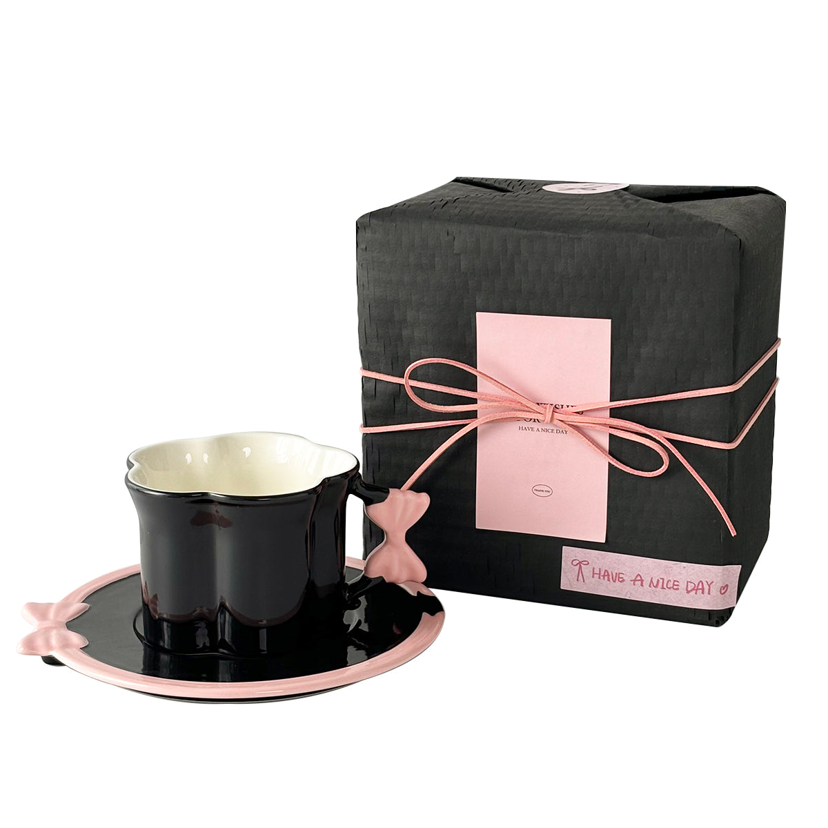 Butterfly Belted Cup and Saucer Set – 250ml Ceramic Coffee Mug with Pink Bow Handle – Cute and Stylish, Perfect for Tea, Coffee, and Milk – Kawaii Drinkware for Women