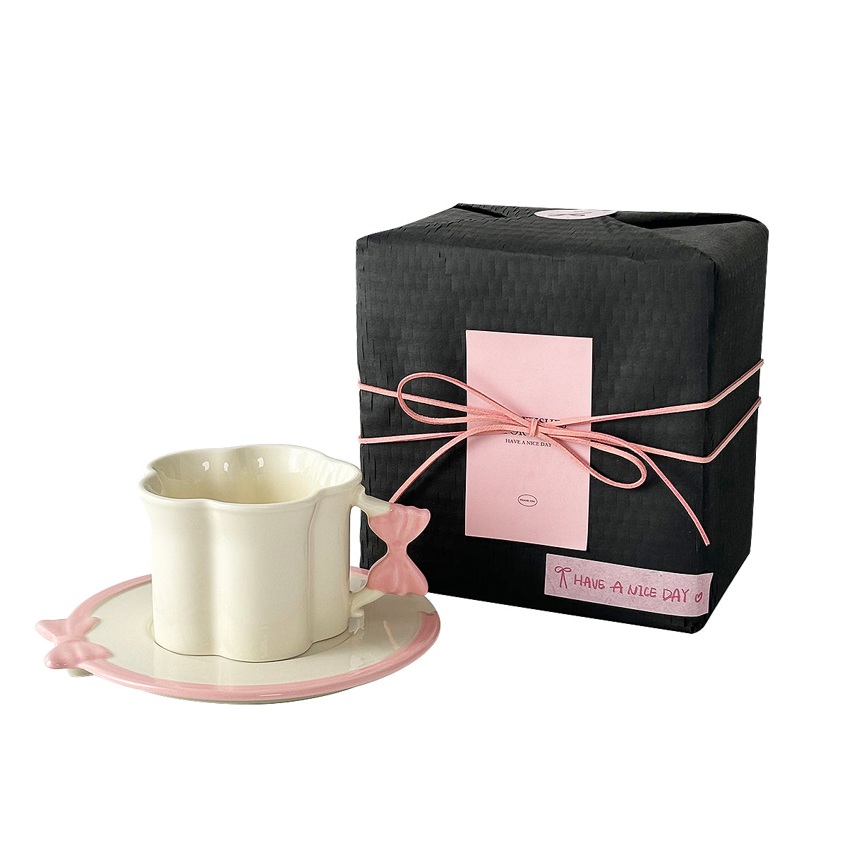 Butterfly Belted Cup and Saucer Set – 250ml Ceramic Coffee Mug with Pink Bow Handle – Cute and Stylish, Perfect for Tea, Coffee, and Milk – Kawaii Drinkware for Women