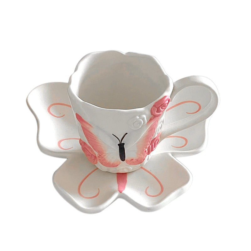 Butterfly Ceramic Mug with Matching Saucer – 240ml Artistic Coffee Cup and Dish Set for Tea, Latte, Milk – Pink Underglaze Floral Design Gift for Women & Girls