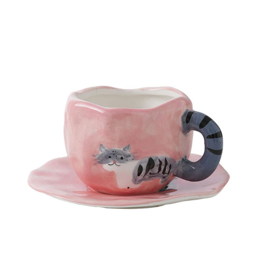 Tulip Ceramic Mug with Cat Design – 300ml Coffee Cup with Hand-Painted Cat and Tail – Pink & Blue Color Options – Unique Gift for Cat Lovers, Women, and Girls