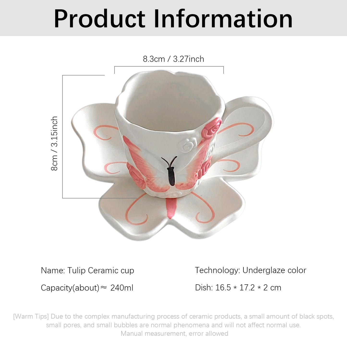 Butterfly Ceramic Mug with Matching Saucer – 240ml Artistic Coffee Cup and Dish Set for Tea, Latte, Milk – Pink Underglaze Floral Design Gift for Women & Girls