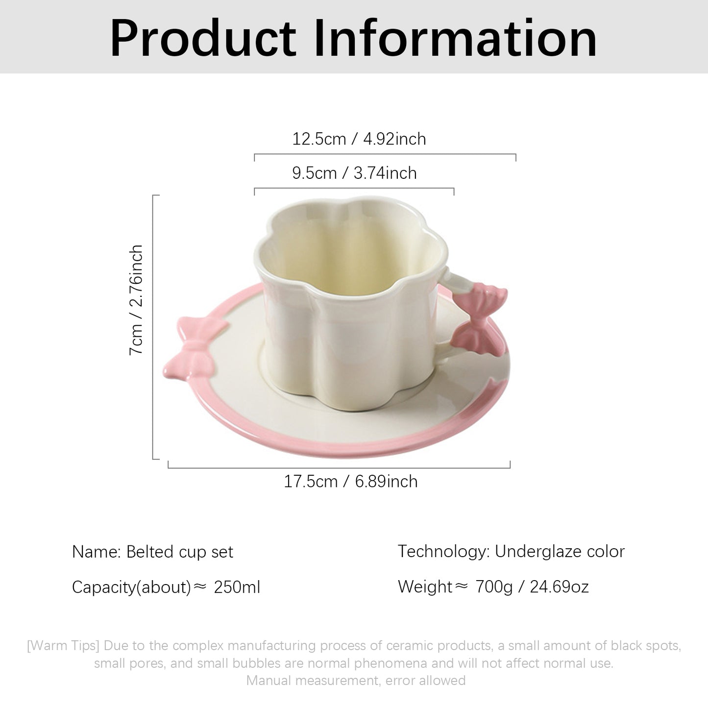 Butterfly Belted Cup and Saucer Set – 250ml Ceramic Coffee Mug with Pink Bow Handle – Cute and Stylish, Perfect for Tea, Coffee, and Milk – Kawaii Drinkware for Women
