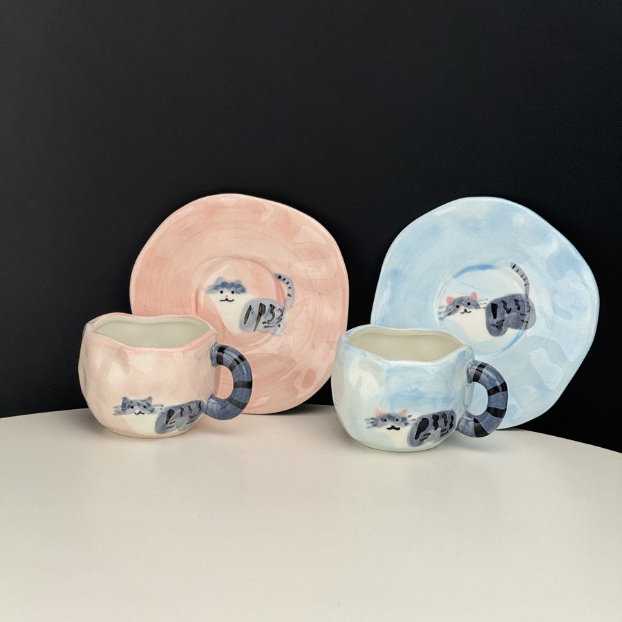 Tulip Ceramic Mug with Cat Design – 300ml Coffee Cup with Hand-Painted Cat and Tail – Pink & Blue Color Options – Unique Gift for Cat Lovers, Women, and Girls
