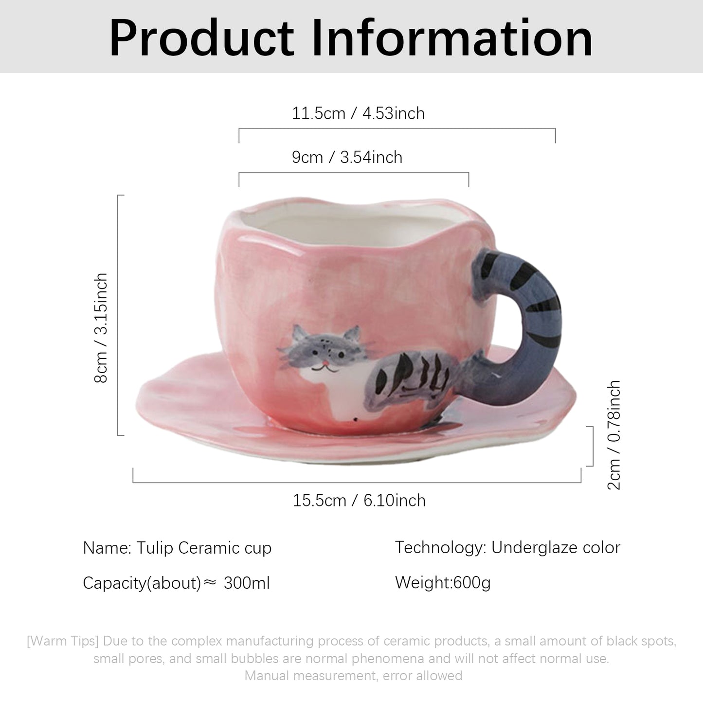 Tulip Ceramic Mug with Cat Design – 300ml Coffee Cup with Hand-Painted Cat and Tail – Pink & Blue Color Options – Unique Gift for Cat Lovers, Women, and Girls