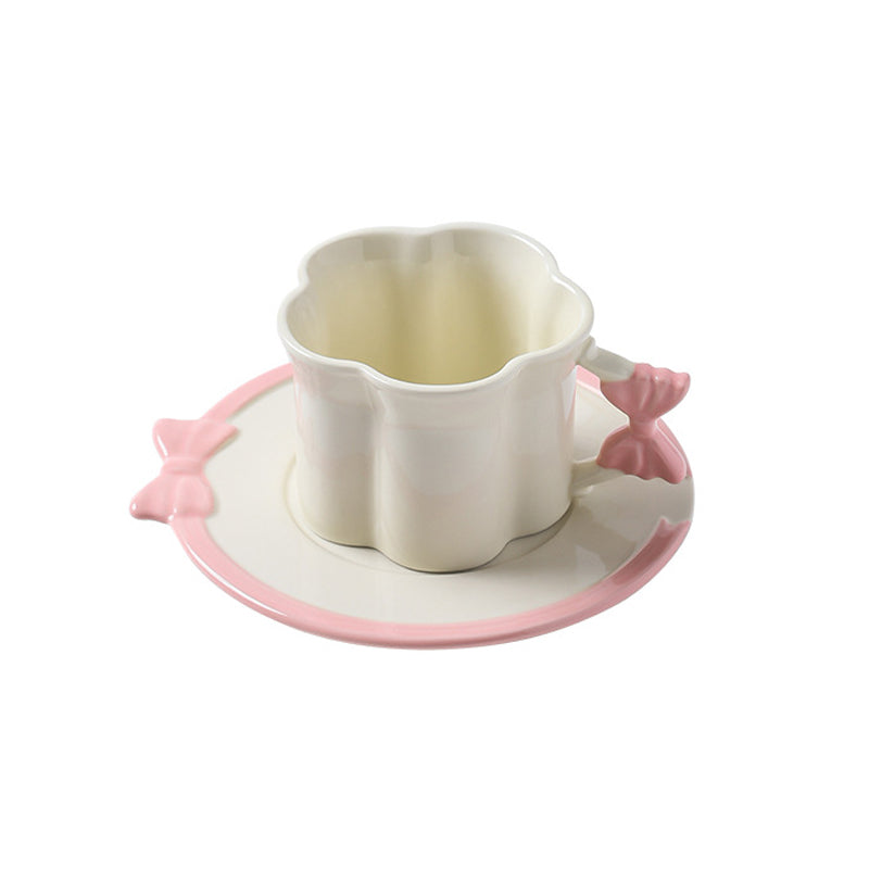 Butterfly Belted Cup and Saucer Set – 250ml Ceramic Coffee Mug with Pink Bow Handle – Cute and Stylish, Perfect for Tea, Coffee, and Milk – Kawaii Drinkware for Women