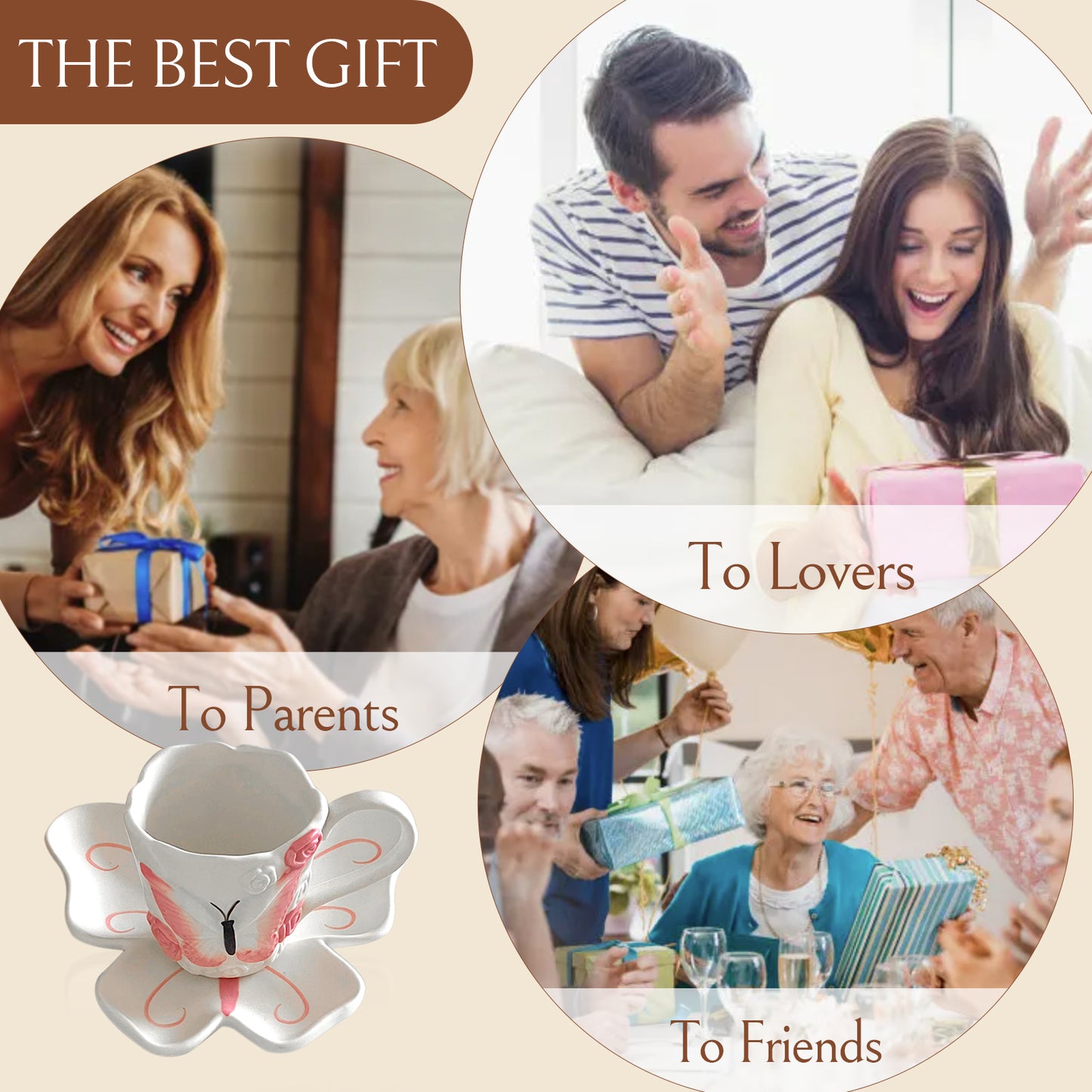 Butterfly Ceramic Mug with Matching Saucer – 240ml Artistic Coffee Cup and Dish Set for Tea, Latte, Milk – Pink Underglaze Floral Design Gift for Women & Girls