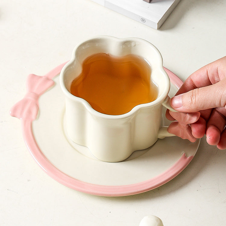 Butterfly Belted Cup and Saucer Set – 250ml Ceramic Coffee Mug with Pink Bow Handle – Cute and Stylish, Perfect for Tea, Coffee, and Milk – Kawaii Drinkware for Women