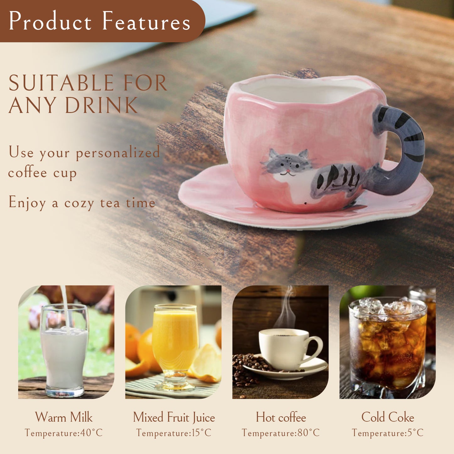 Tulip Ceramic Mug with Cat Design – 300ml Coffee Cup with Hand-Painted Cat and Tail – Pink & Blue Color Options – Unique Gift for Cat Lovers, Women, and Girls