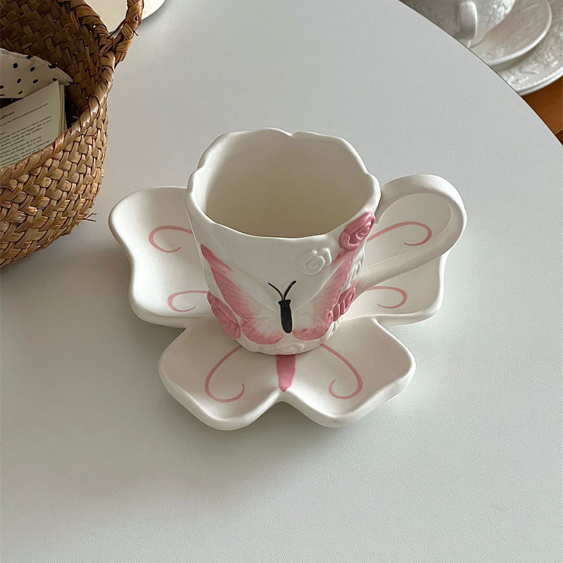 Butterfly Ceramic Mug with Matching Saucer – 240ml Artistic Coffee Cup and Dish Set for Tea, Latte, Milk – Pink Underglaze Floral Design Gift for Women & Girls