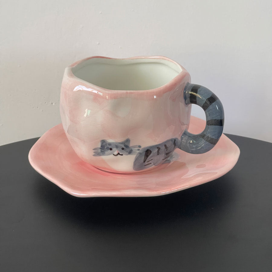 Tulip Ceramic Mug with Cat Design – 300ml Coffee Cup with Hand-Painted Cat and Tail – Pink & Blue Color Options – Unique Gift for Cat Lovers, Women, and Girls