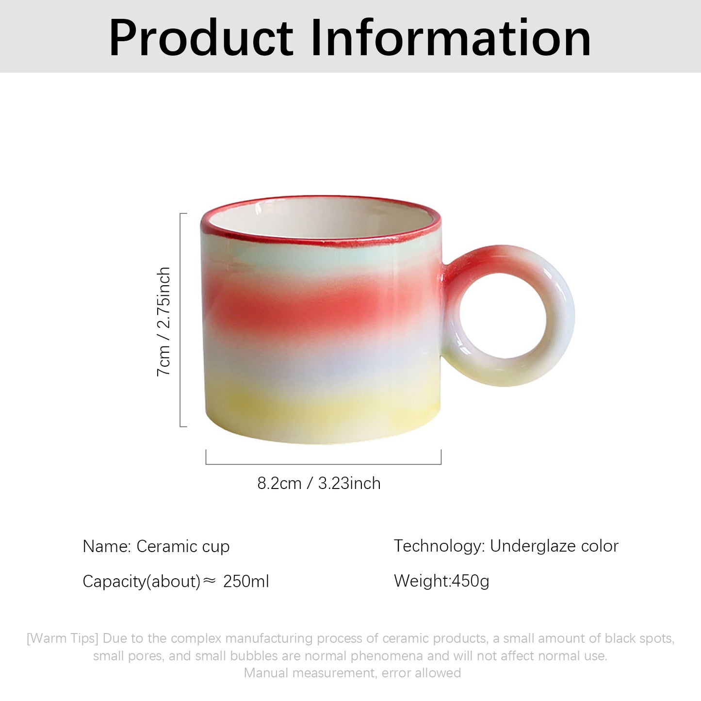 Shuflower - INS Rainbow Gradient Mug | Hand-Painted Artistic Ceramic Cup | 250ml Colorful Coffee Mug