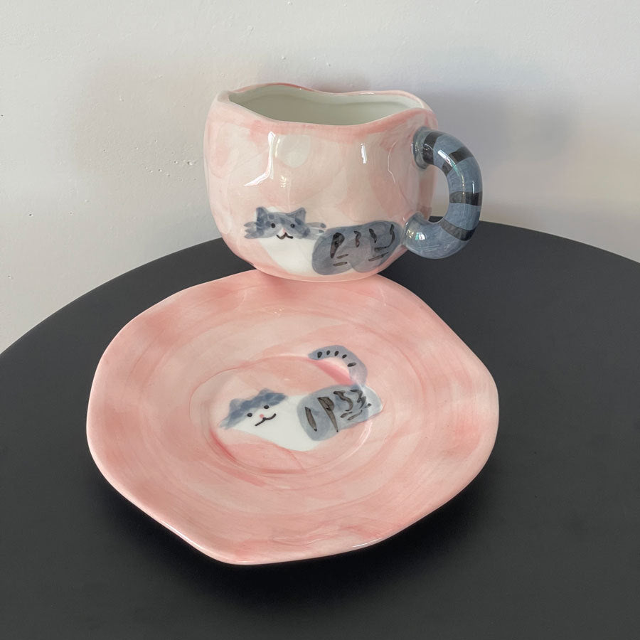 Tulip Ceramic Mug with Cat Design – 300ml Coffee Cup with Hand-Painted Cat and Tail – Pink & Blue Color Options – Unique Gift for Cat Lovers, Women, and Girls