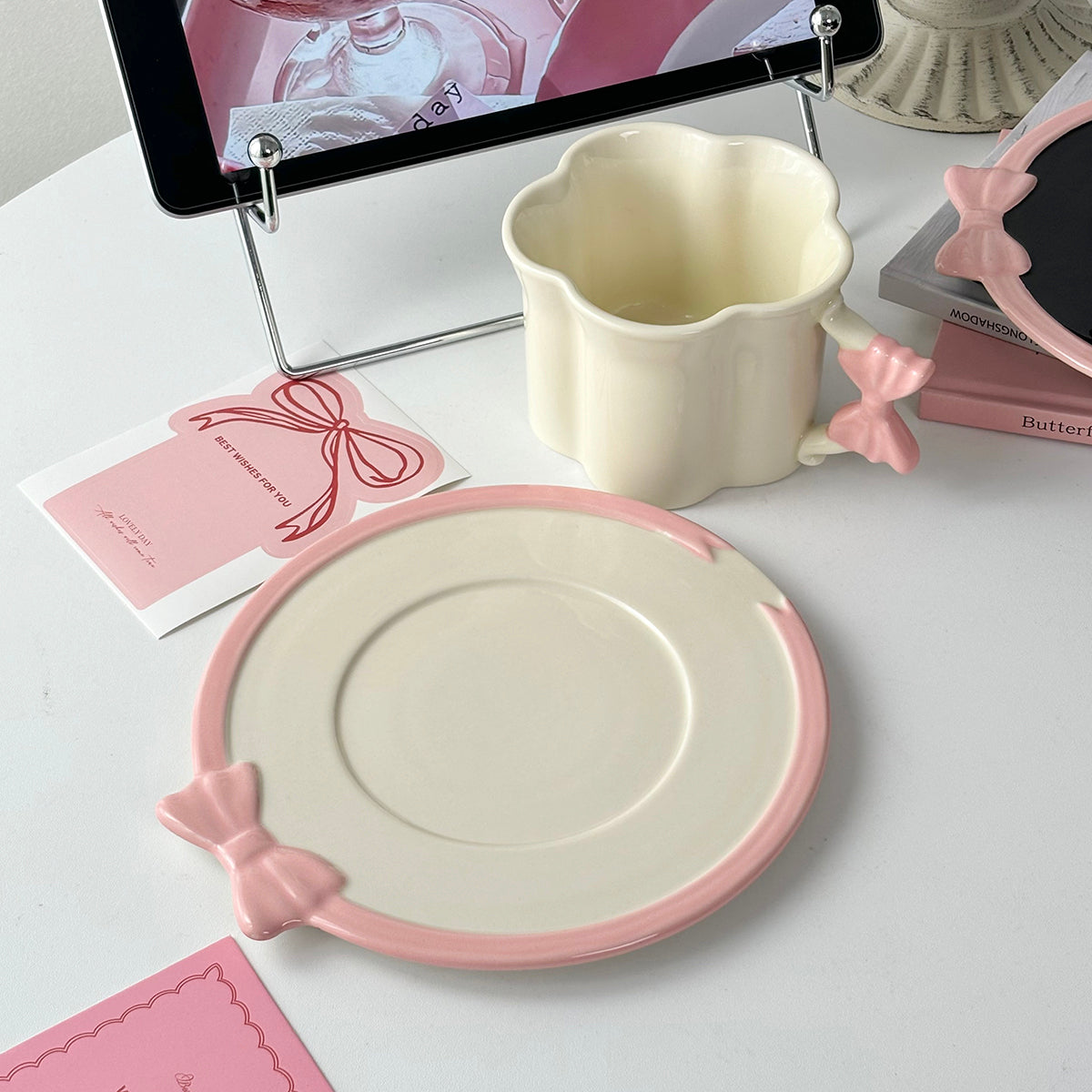 Butterfly Belted Cup and Saucer Set – 250ml Ceramic Coffee Mug with Pink Bow Handle – Cute and Stylish, Perfect for Tea, Coffee, and Milk – Kawaii Drinkware for Women