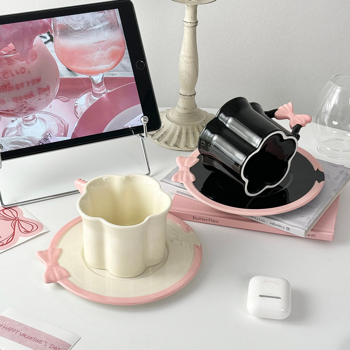Butterfly Belted Cup and Saucer Set – 250ml Ceramic Coffee Mug with Pink Bow Handle – Cute and Stylish, Perfect for Tea, Coffee, and Milk – Kawaii Drinkware for Women
