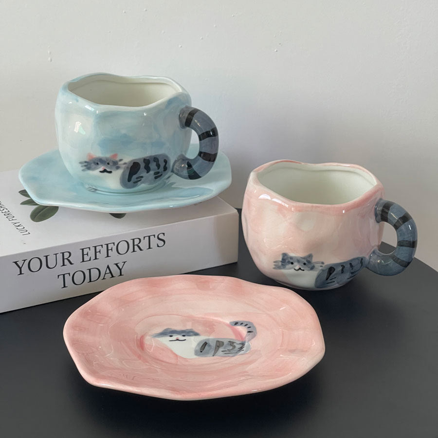 Tulip Ceramic Mug with Cat Design – 300ml Coffee Cup with Hand-Painted Cat and Tail – Pink & Blue Color Options – Unique Gift for Cat Lovers, Women, and Girls