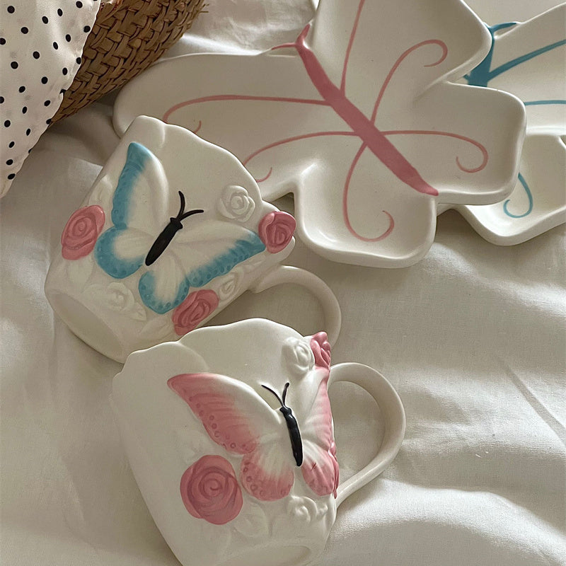 Butterfly Ceramic Mug with Matching Saucer – 240ml Artistic Coffee Cup and Dish Set for Tea, Latte, Milk – Pink Underglaze Floral Design Gift for Women & Girls
