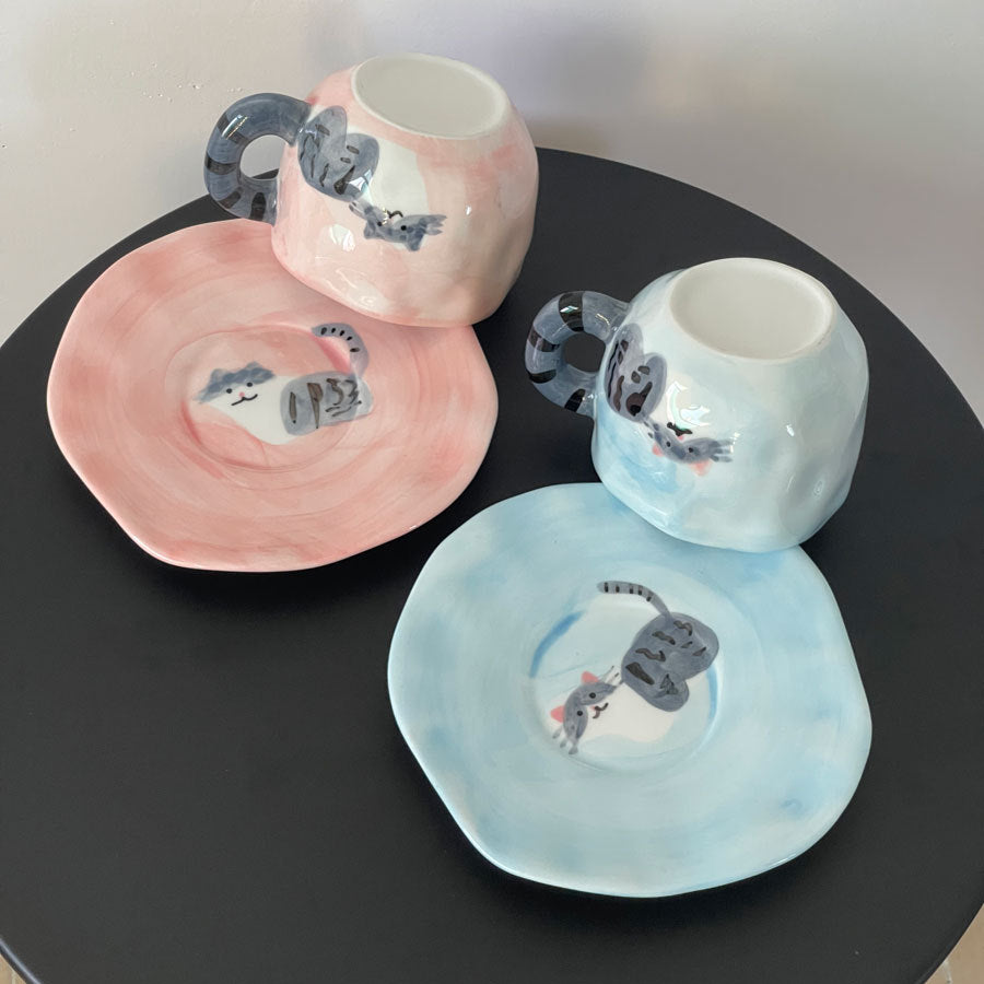 Tulip Ceramic Mug with Cat Design – 300ml Coffee Cup with Hand-Painted Cat and Tail – Pink & Blue Color Options – Unique Gift for Cat Lovers, Women, and Girls