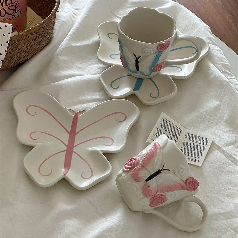 Butterfly Ceramic Mug with Matching Saucer – 240ml Artistic Coffee Cup and Dish Set for Tea, Latte, Milk – Pink Underglaze Floral Design Gift for Women & Girls