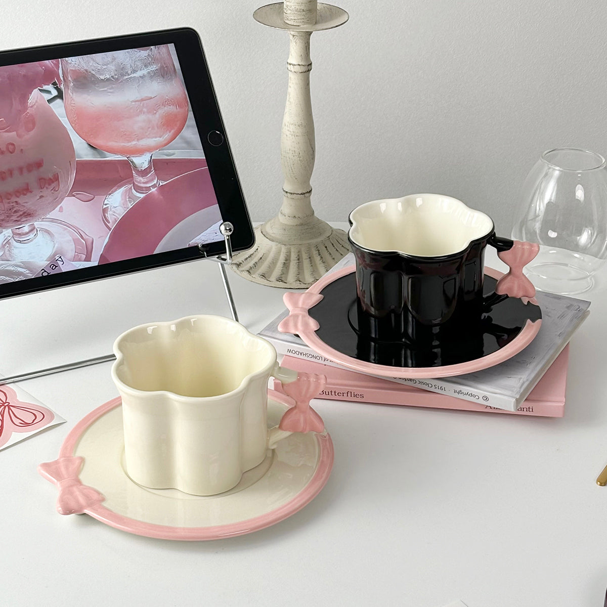 Butterfly Belted Cup and Saucer Set – 250ml Ceramic Coffee Mug with Pink Bow Handle – Cute and Stylish, Perfect for Tea, Coffee, and Milk – Kawaii Drinkware for Women