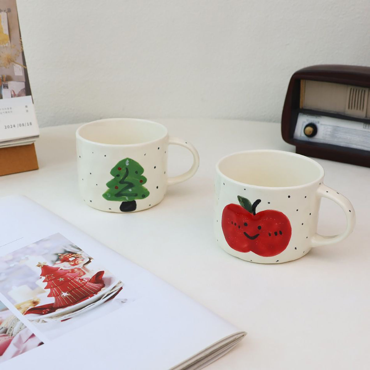 Shuflower - Christmas Hand-Painted Apple Mug | Cute Ceramic Couple Coffee Cup | Holiday Gift 300–400ml