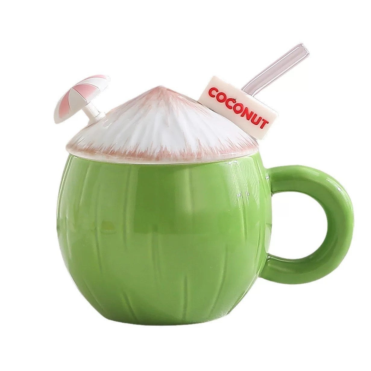 Coconut Ceramic Mug 430ml with Lid and Straw - Fun Drinkware for Coffee, Tea, Milk and Water - Cute Tropical Mug for Men and Women