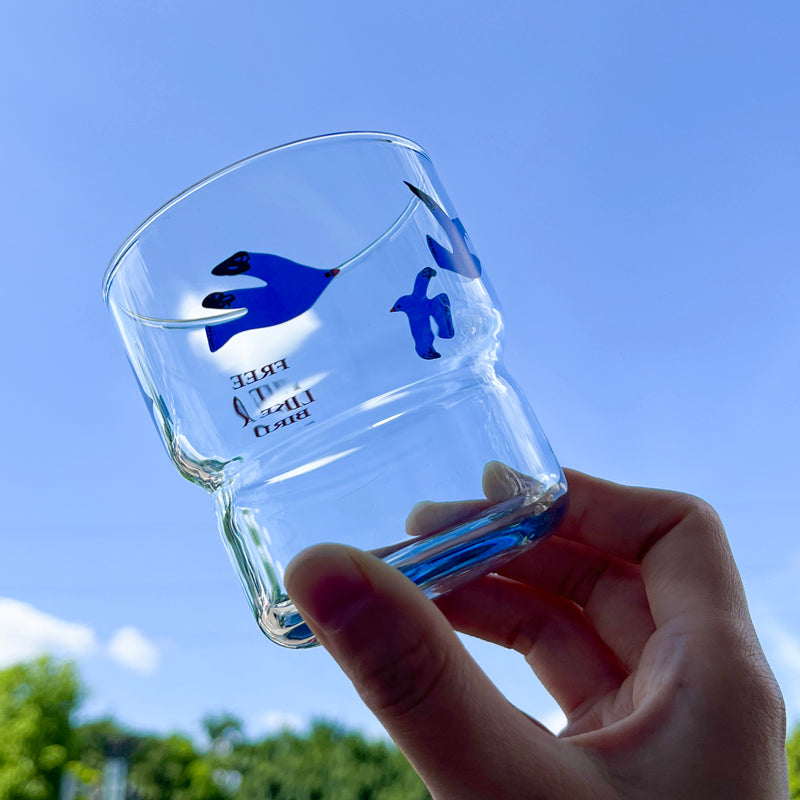 Shuflower – Free Bird Glass Cup | Tempered Blue Bird Drinking Glass | 220ml/320ml Heat-Resistant Water Cup for Juice, Coffee, Home & Office
