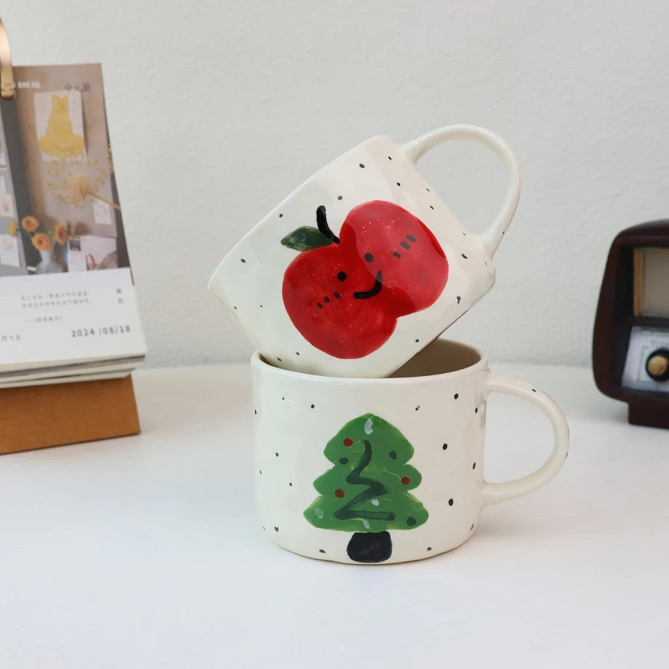 Shuflower - Christmas Hand-Painted Apple Mug | Cute Ceramic Couple Coffee Cup | Holiday Gift 300–400ml