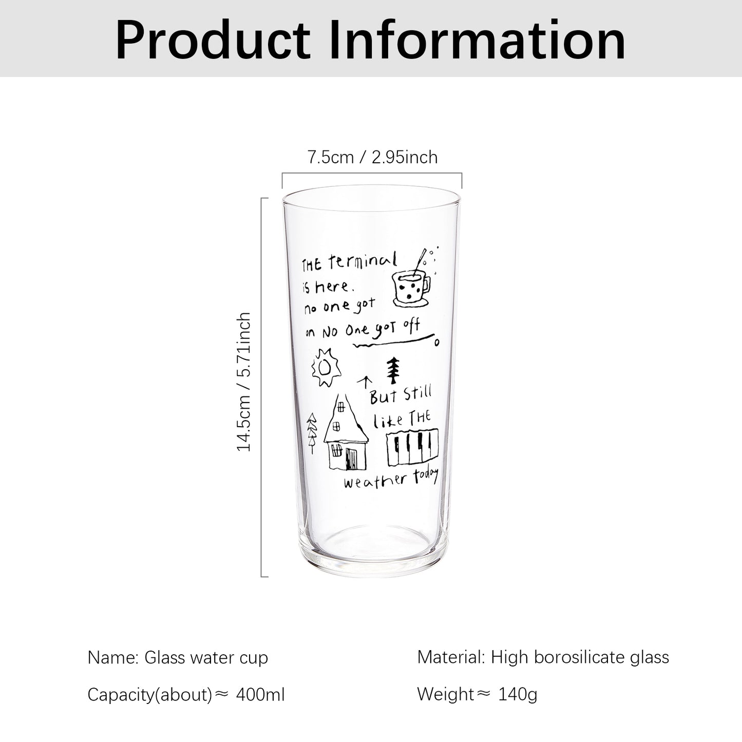 Clear Glass Cup 400ml – High Borosilicate Water Tumbler with Hand-Drawn Art Design – Minimalist Drinkware for Juice, Milk, Tea – Lightweight Aesthetic Glass for Men & Women