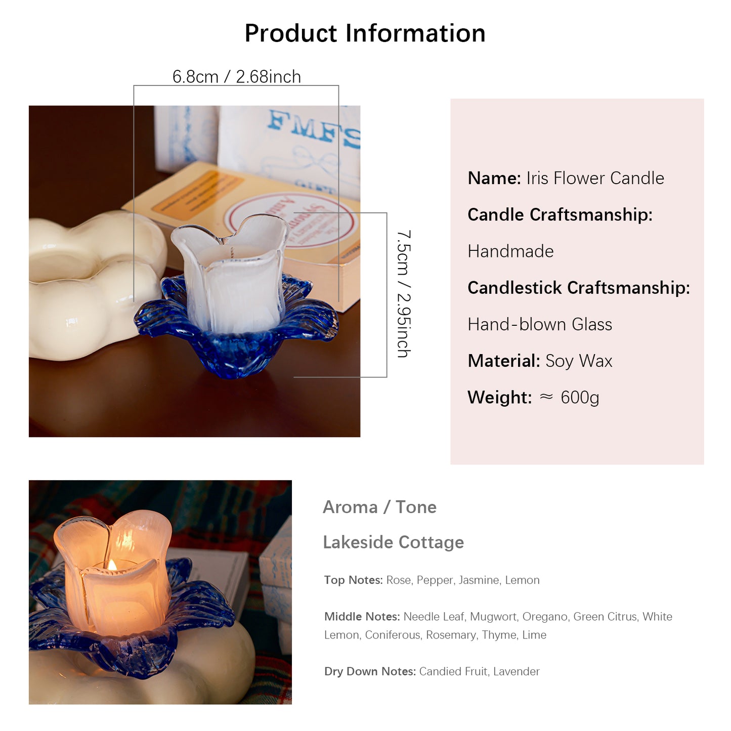 Shuflower – Iris Flower Candle | Handmade Soy Wax Candle with Hand-Blown Glass Holder