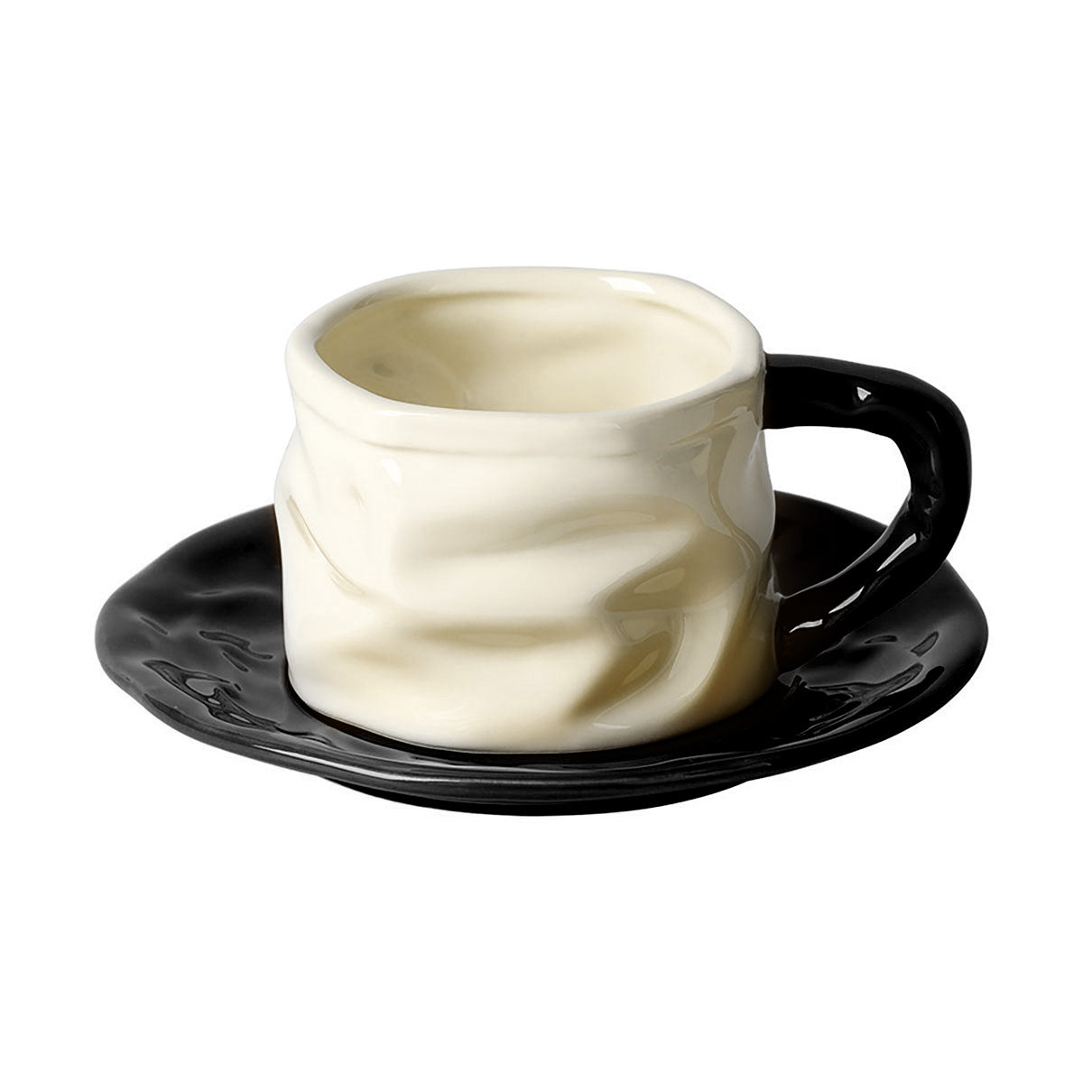 Shuflower - Creative Ceramic Measuring Coffee Cup and Saucer Set | 230ml Crumpled Espresso Mug + 90ml Mini Scale Cup | Stylish & Elegant