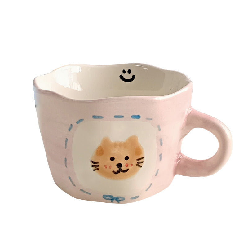 Hand-Painted Kitten Ceramic Cup and Saucer Set – 250ml Pink Underglaze Coffee Tea Mug with Plate, Cute Cat Design, Smooth Glazed Finish, Microwave and Dishwasher Safe for Home or Office Use