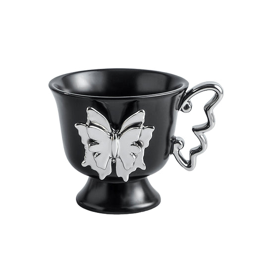 Shuflower – Black Butterfly Coffee Mug 300ml | Gothic Ceramic Cup with Sculpted Handle & 3D Butterfly Design