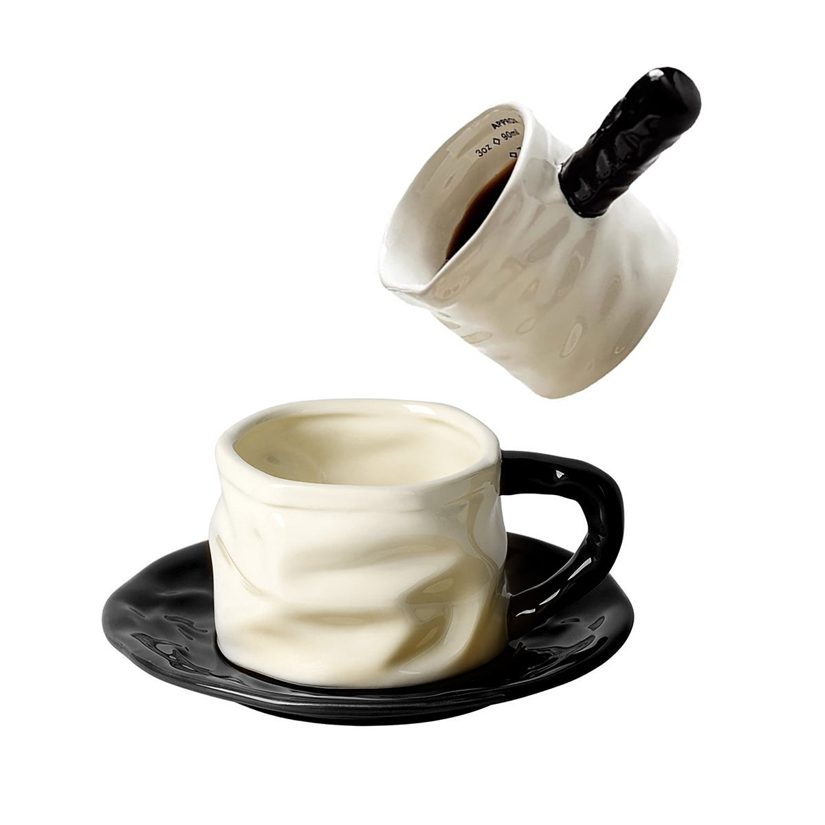 Shuflower - Creative Ceramic Measuring Coffee Cup and Saucer Set | 230ml Crumpled Espresso Mug + 90ml Mini Scale Cup | Stylish & Elegant