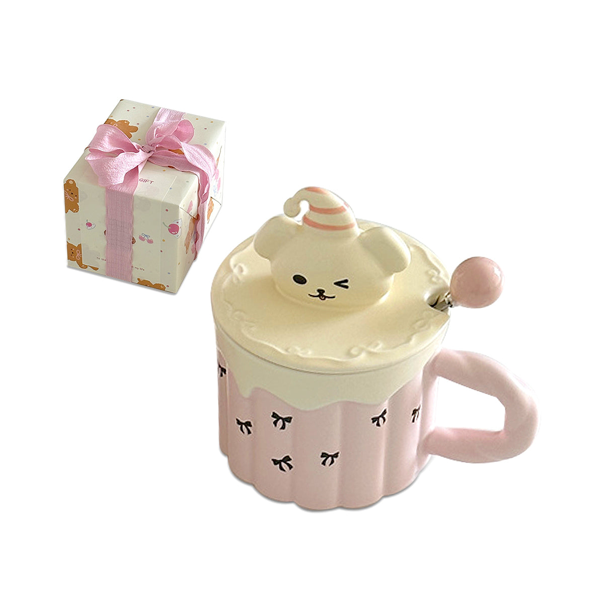 Pink Little Bear Bow Tie Mug – Cute 380ml Ceramic Coffee Cup with Lid – Hand-Painted, Kawaii Design for Tea, Coffee, and Milk – Perfect Gift for Women & Girls