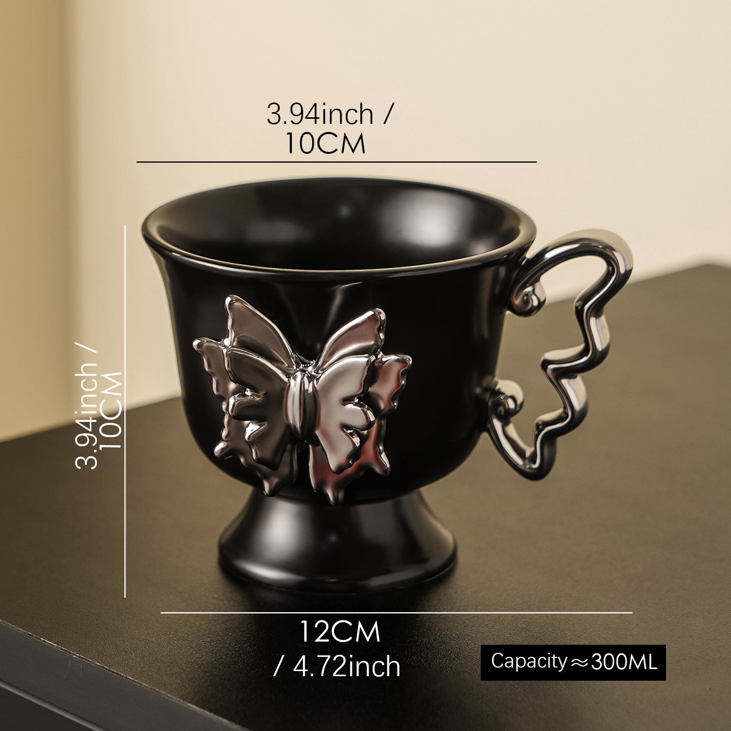 Shuflower – Black Butterfly Coffee Mug 300ml | Gothic Ceramic Cup with Sculpted Handle & 3D Butterfly Design