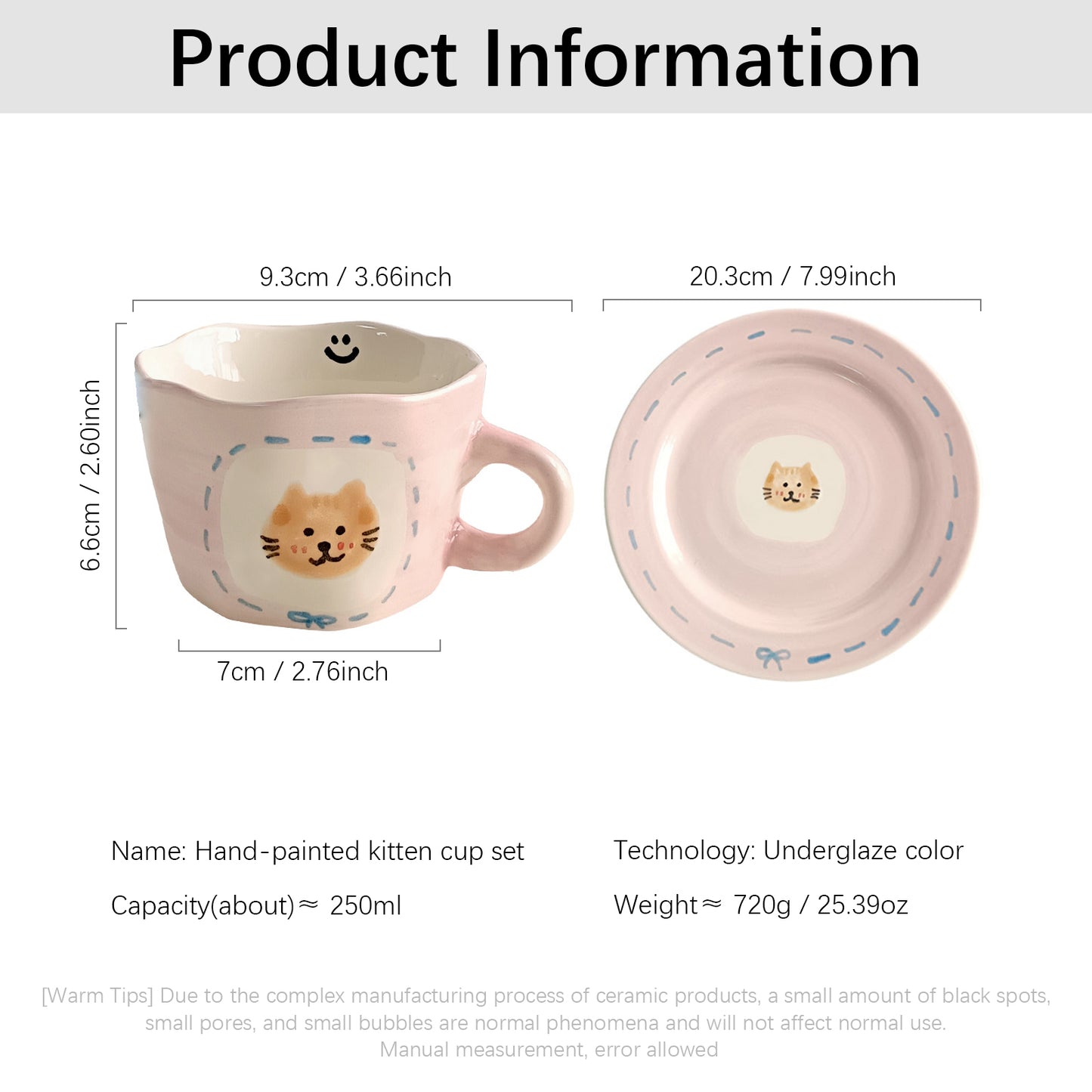 Hand-Painted Kitten Ceramic Cup and Saucer Set – 250ml Pink Underglaze Coffee Tea Mug with Plate, Cute Cat Design, Smooth Glazed Finish, Microwave and Dishwasher Safe for Home or Office Use