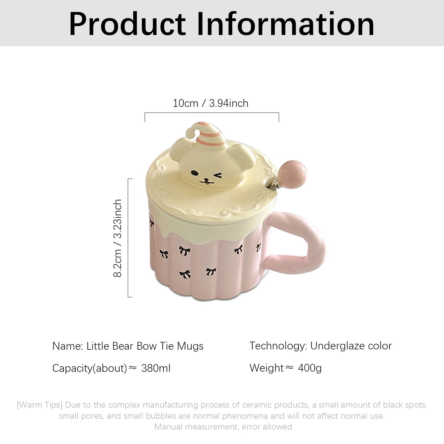 Pink Little Bear Bow Tie Mug – Cute 380ml Ceramic Coffee Cup with Lid – Hand-Painted, Kawaii Design for Tea, Coffee, and Milk – Perfect Gift for Women & Girls