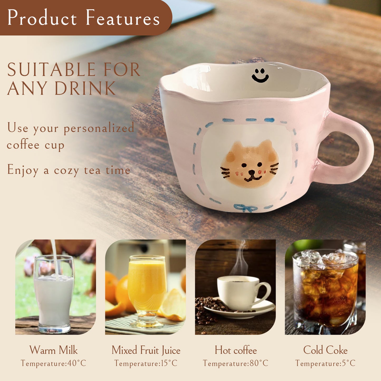 Hand-Painted Kitten Ceramic Cup and Saucer Set – 250ml Pink Underglaze Coffee Tea Mug with Plate, Cute Cat Design, Smooth Glazed Finish, Microwave and Dishwasher Safe for Home or Office Use