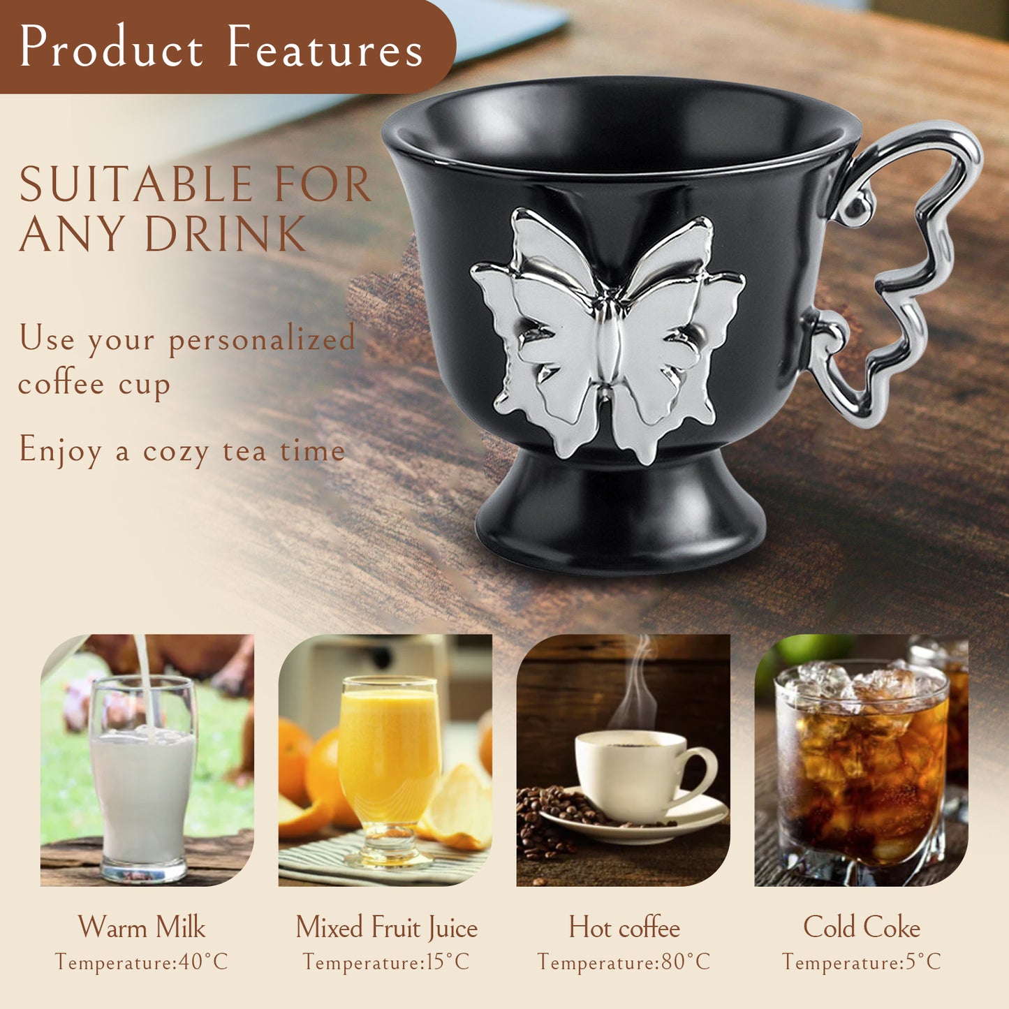 Shuflower – Black Butterfly Coffee Mug 300ml | Gothic Ceramic Cup with Sculpted Handle & 3D Butterfly Design