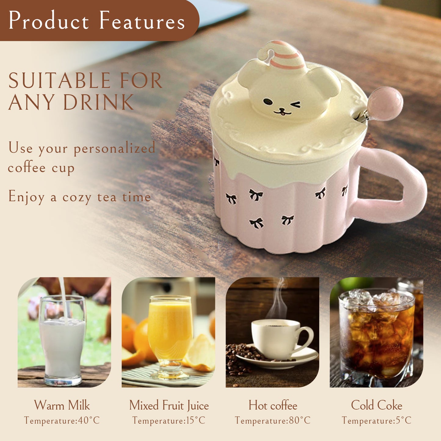 Pink Little Bear Bow Tie Mug – Cute 380ml Ceramic Coffee Cup with Lid – Hand-Painted, Kawaii Design for Tea, Coffee, and Milk – Perfect Gift for Women & Girls