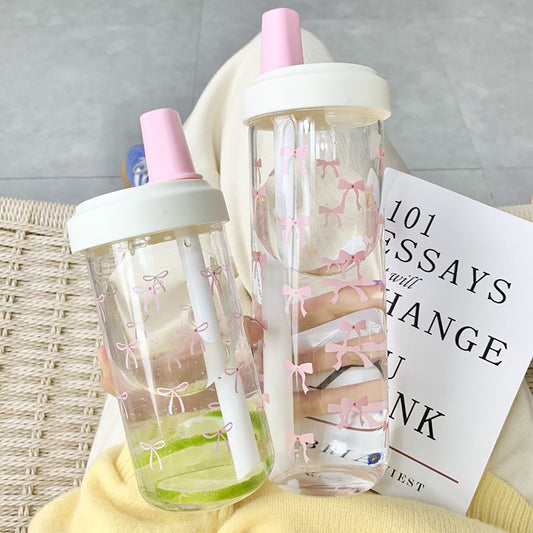 Shuflower - Bowknot Water Cup | Transparent Drinkware | 500ml / 850ml with Lid & Straw | High-Aesthetic Cup with Cleaning Brush