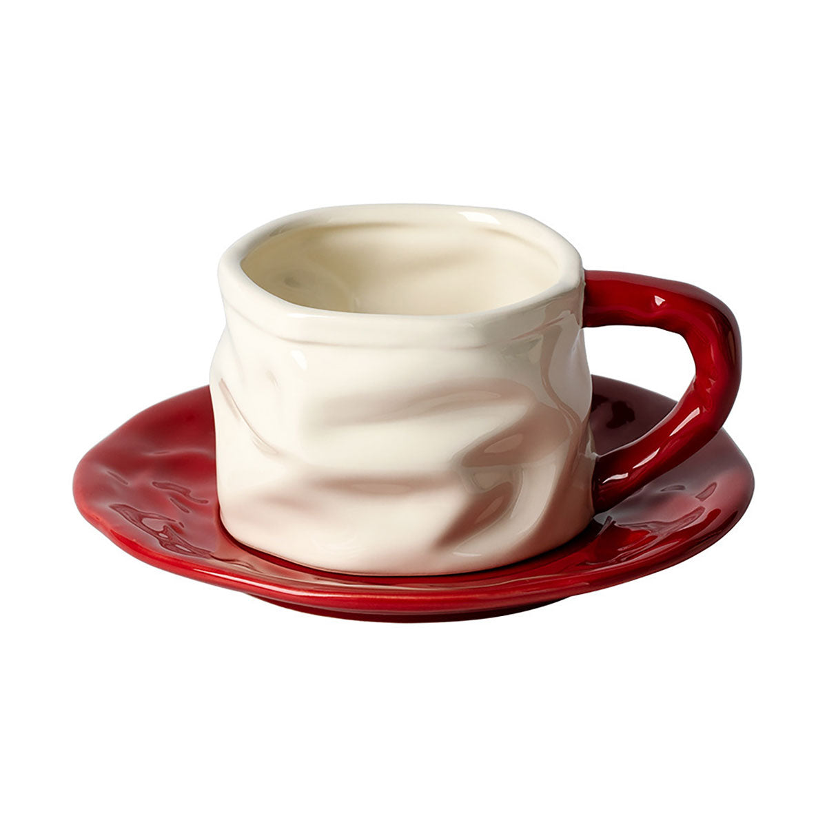 Shuflower - Creative Ceramic Measuring Coffee Cup and Saucer Set | 230ml Crumpled Espresso Mug + 90ml Mini Scale Cup | Stylish & Elegant