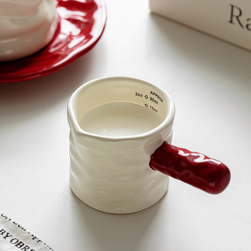 Shuflower - Creative Ceramic Measuring Coffee Cup and Saucer Set | 230ml Crumpled Espresso Mug + 90ml Mini Scale Cup | Stylish & Elegant