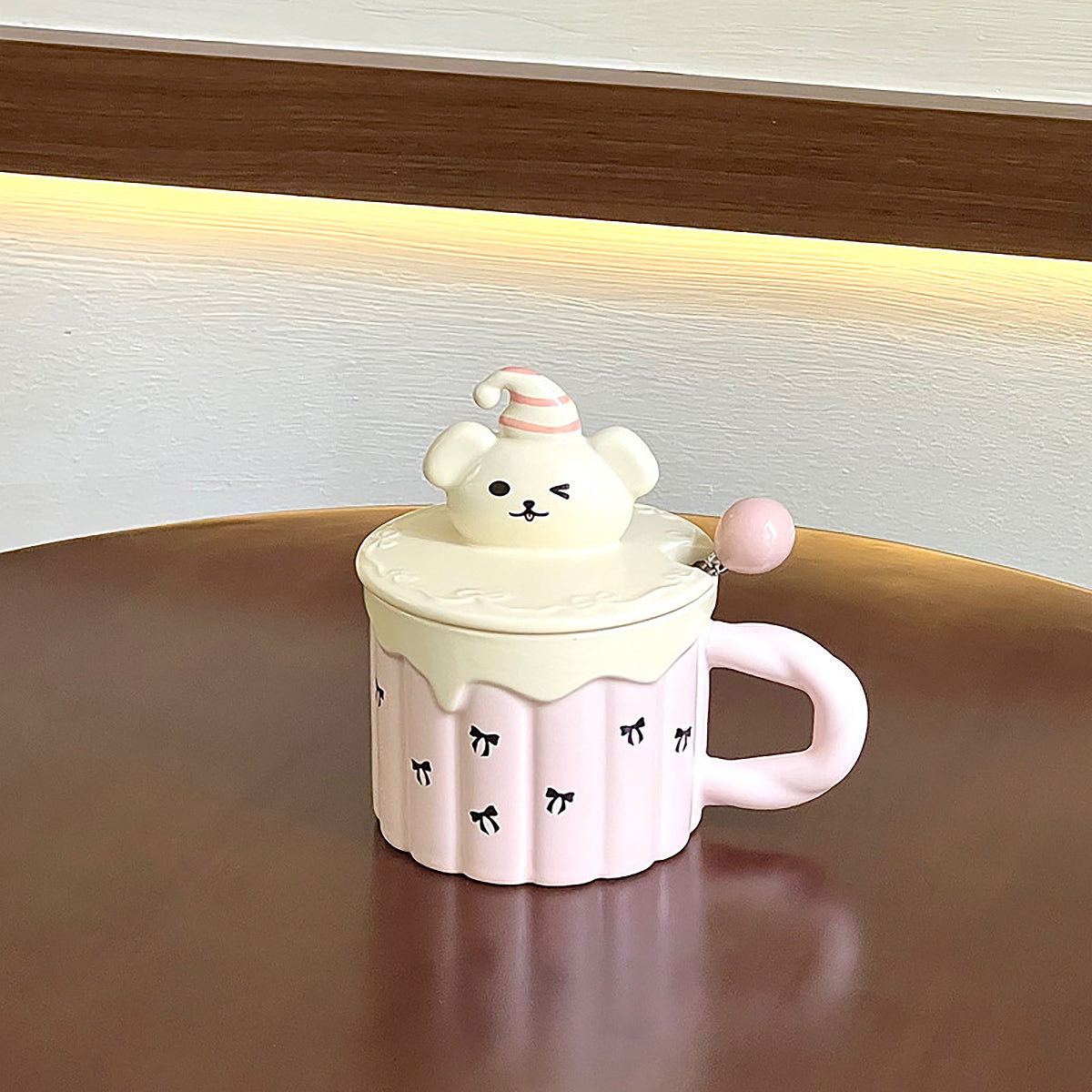Pink Little Bear Bow Tie Mug – Cute 380ml Ceramic Coffee Cup with Lid – Hand-Painted, Kawaii Design for Tea, Coffee, and Milk – Perfect Gift for Women & Girls