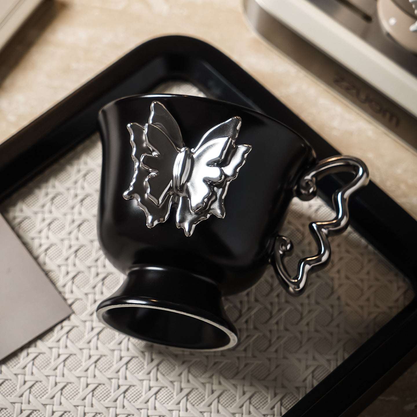 Shuflower – Black Butterfly Coffee Mug 300ml | Gothic Ceramic Cup with Sculpted Handle & 3D Butterfly Design